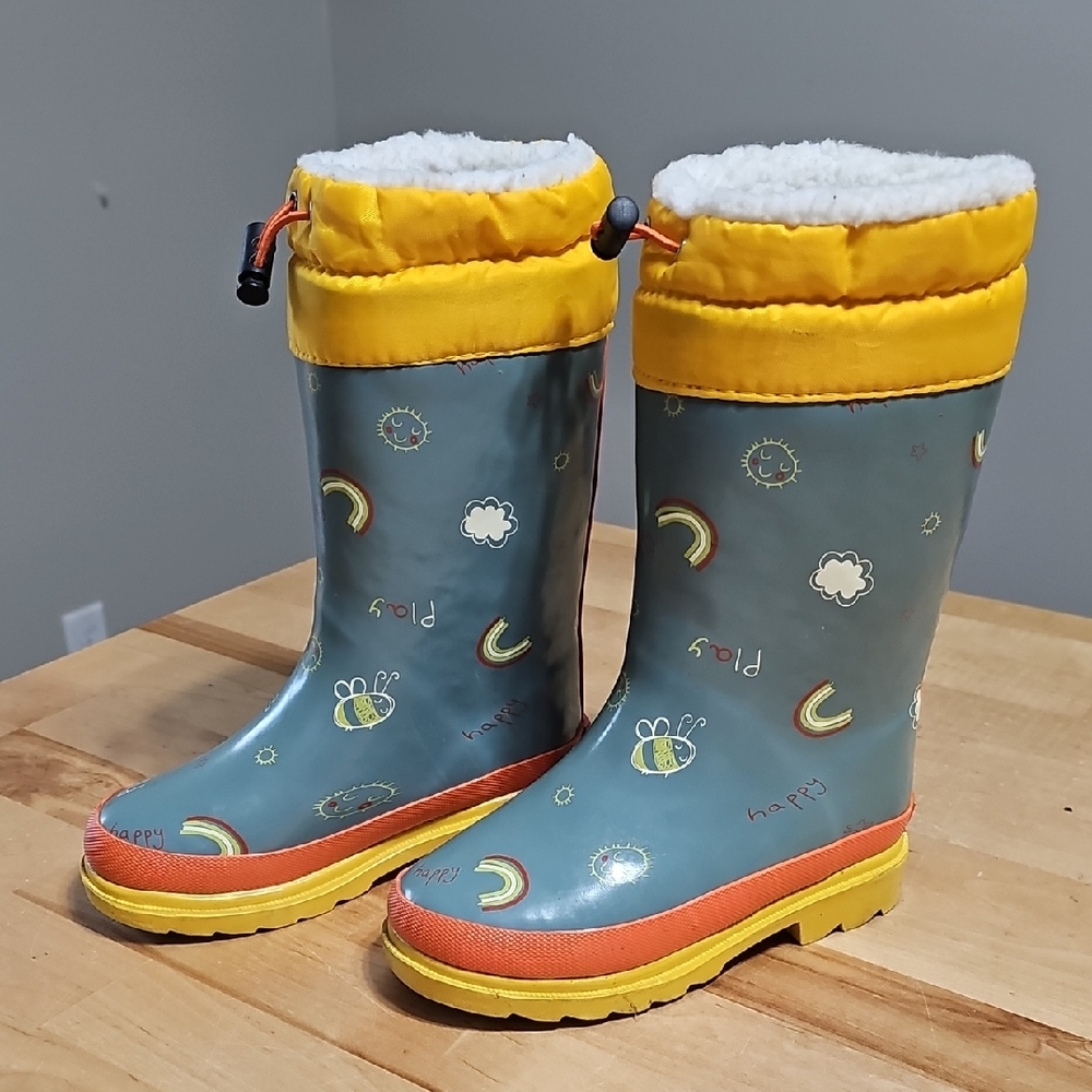 🐝 Lily & Dan Rainbow Bee Kids Rain Boots Blue Faux Fur Lined Sz 9/10